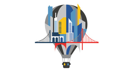 Colorful illustration of a hot air balloon carrying a cityscape.