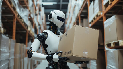 Humanoid robot carrying a cardboard box inside a smart factory warehouse, performing logistics tasks with AI assistance. Modern automation and futuristic industrial workflow.