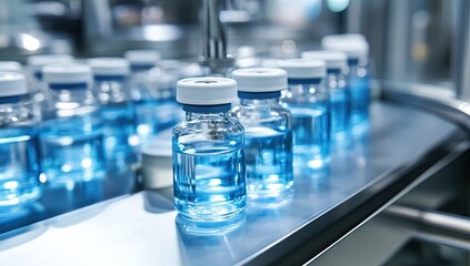 A production line with rows of clear bottles filled with liquid, moving along a conveyor belt in a clean, industrial setting