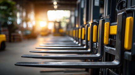 Obraz premium Forklift forks aligned like a race start drivers’ arms visible only smiles implied aisle defocused forklift fun workplace culture team bonding safe play logistics life with