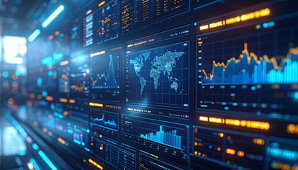 Futuristic Data Visualization: A dynamic display of intricate data streams and global maps. A vision of information, data analytics, and interconnected technology
