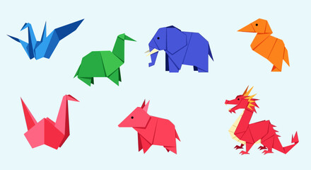 Colorful Origami Animals - Crane, Dinosaur, Elephant, Bird, Dragon, and Rhinoceros.