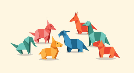 Colorful Origami Dinosaurs and Animals Collection.