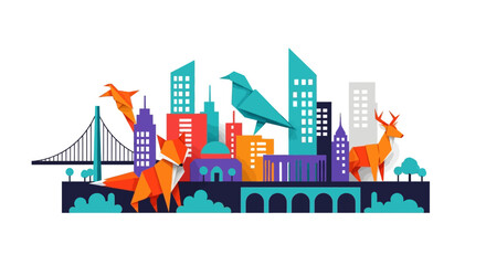 Colorful origami city skyline with animals and bridge illustration.