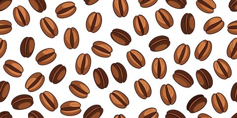 Obraz premium Close up overhead view of scattered roasted coffee beans with distinct brown stripes and a white background showcasing texture and detail