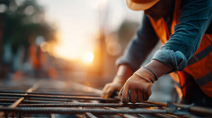 Shovel leaned on rebar grid worker’s torso and gloves only pour area defocused foundation work concreting site labor teamwork build safety helmet with copy space