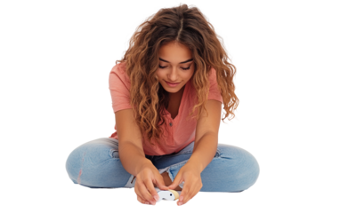 Girl preparing a harmless prank by placing tape over the bottom of a computer mouse isolated on transparent background PNG