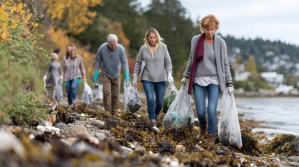 Group of volunteers walking along a shoreline, collecting litter and debris from the beach, demonstrating environmental care and community engagement during a coastal cleanup on a cloudy day.
