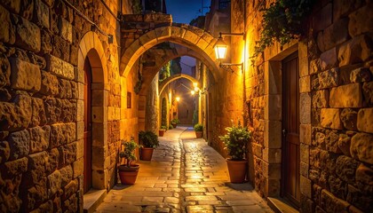 Fototapeta premium Stunning view of a narrow illuminated alleyway at night, in a European town