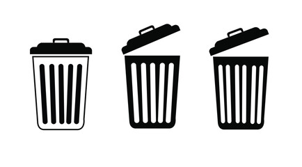 Set of three black and white stylized trash cans with lids open and closed isolated on white background