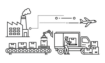 Supply Chain Logistics Illustration with Factory Automation Truck and Airplane Shipping