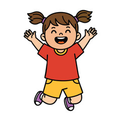 Cheerful Cartoon Girl with Pigtails Jumping with Joy A Colorful Illustration of Childhood Happiness and Simple Graphic Art