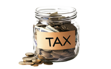 Glass jar labeled TAX filled with coins and banknotes representing financial savings and budgeting isolated on transparent background PNG