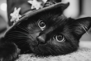 Black cat wearing a witch hat close-up portrait in black and white for Halloween or pet-themed designs