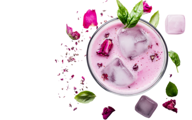 Refreshing glass of rose milk with ice cubes and basil seeds offering a cool summer drink isolated on transparent background PNG