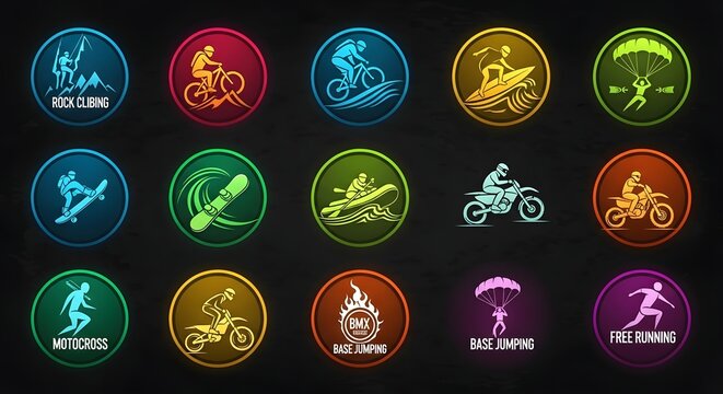 A vibrant vector collection of glowing neon circle icons depicting various extreme sports and adventure activities on a dark textured background