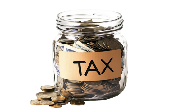Glass jar labeled TAX filled with coins and banknotes representing financial savings and budgeting isolated on transparent background PNG