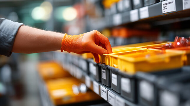 Gloved hand selecting part from small bins wall labels readable rest defocused kitting inventory organization Kanban parts picking lean operations with copy space
