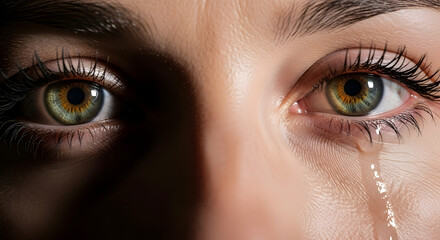 Naklejka premium Close-up portrait of an elegant woman with cinematic studio lighting, green eyes, and a single tear streaming down her cheek.
