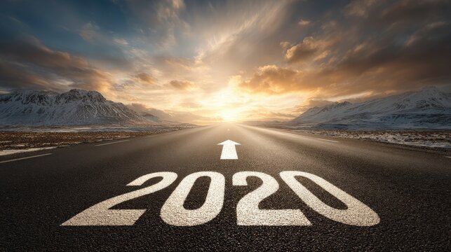 A scenic road stretches towards a radiant sunset sky, with the year 2020 prominently marked on the asphalt, accompanied by an upward arrow, under a dramatic, cloud-filled sky, in front of snow-capped