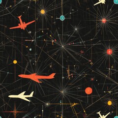 A black and white image of a galaxy with many airplanes flying through it. The airplanes are of different sizes and colors, and they are scattered throughout the galaxy