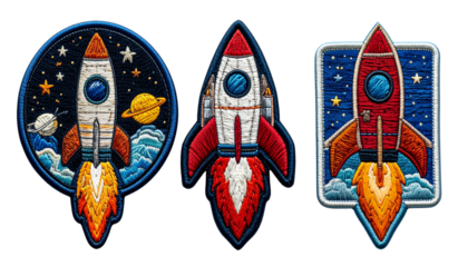 Rocket embroidered patch badge trio isolated on transparent background.