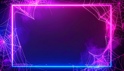 Neon pink and blue glowing rectangular frame with spiderweb accents and smoky atmosphere, moody Halloween party background, electric color vibe