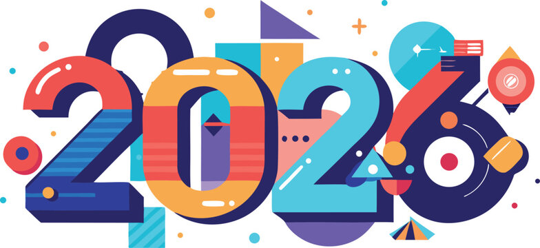 Vibrant abstract graphic design featuring the year 2026 in bold colorful geometric shapes and patterns for celebrations and events