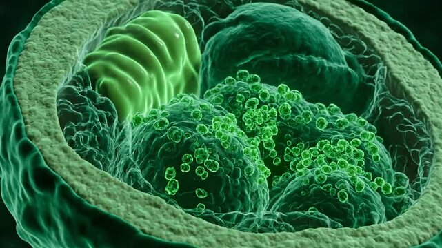 Intricate Microscopic View of Green Cells - This video showcases a highly detailed microscopic view of green cells, highlighting their structure and composition.