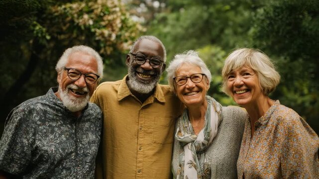 Happy diverse seniors smiling together outdoors  
