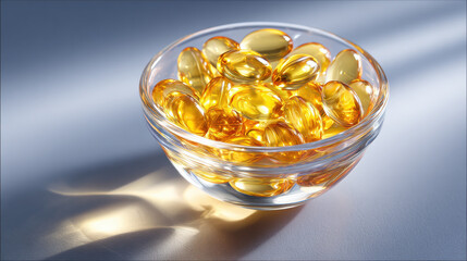 Golden glow capsules of omega-3 in glass bowl, clean wellness photo