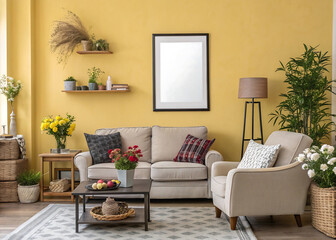 Warm and Cozy Living Room Interior Design  Modern Home Decor with Beige Sofa and Yellow Wall