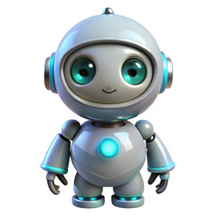 Cute futuristic robot character with big green eyes and glowing blue accents transparent background
