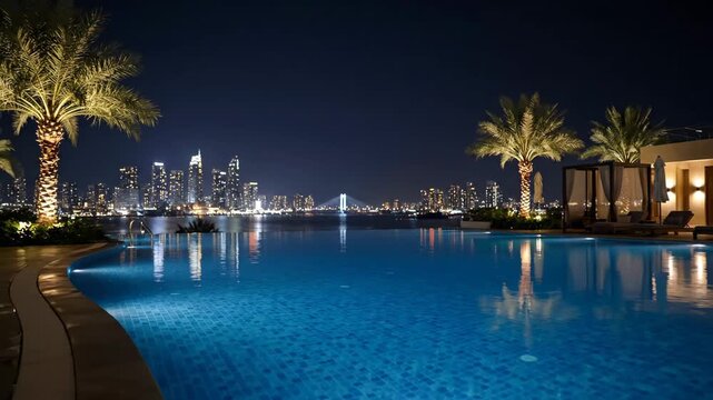Luxury Infinity Pool at Night with Cityscape - This video showcases a stunning infinity pool at night, overlooking a cityscape with illuminated buildings and a bridge in the distance.