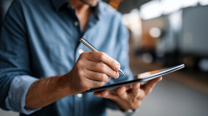 Tablet stylus signing ePOD on dock handoff faceless trailer bay defocused proof of delivery logistics tech contactless shipping docs with copy space