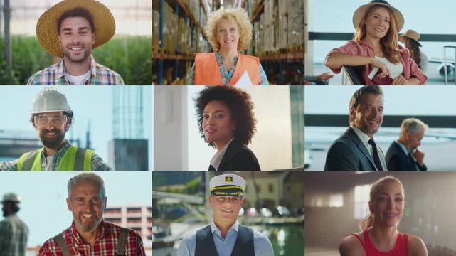 Split-screen mosaic of smiling multiracial professionals and everyday people looking at camera, headshots conveying community, inclusion, equality and confident connection across occupations