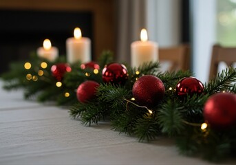festive christmas table setting with candles and red ornaments on a decorated pine garland