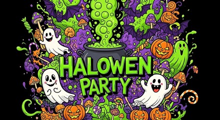 Fototapeta premium Spooky halloween party invitation with ghosts pumpkins and witchs brew