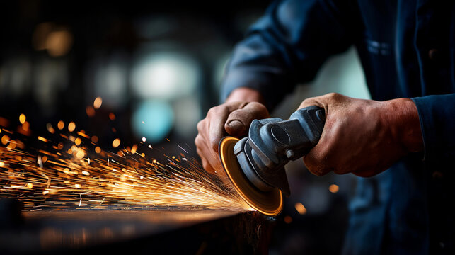 Grinder sparks flying hands and tool only visor edge visible workshop background defocused metalwork angle grinder fabrication PPE steel construction gritty texture motion