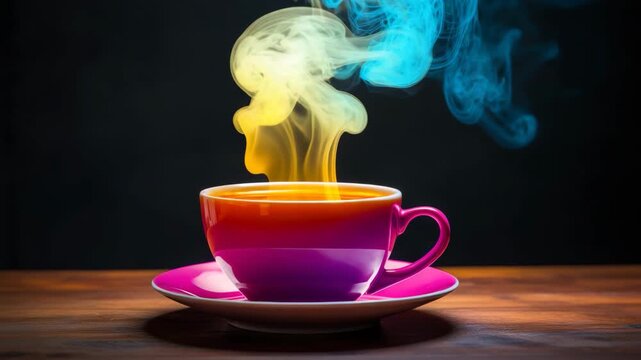Colorful cup with multicolored steam on table
