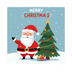 Cute Cartoon Christmas Card for Kids – Santa, Reindeer & Snowy Scene Vector Illustration

