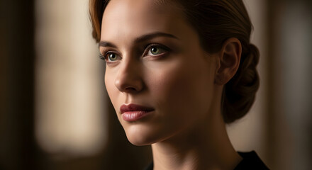 Fototapeta premium Close-up portrait of an elegant woman with cinematic studio lighting, showcasing her refined features and poised expression.