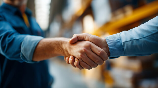 Bro handshake between two workers cropped at shoulders pallet stacks defocused warehouse camaraderie teamwork blue collar friendly gesture distribution center soft blur with