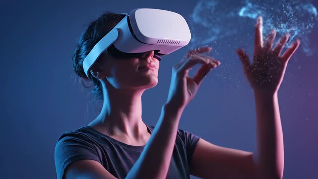 Virtual Reality Interaction - A person wearing a virtual reality headset engages with immersive digital elements.
