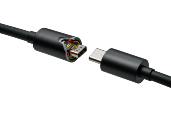 Photorealistic macro of black USB-C cable, torn open to reveal vibrant copper conductors and silver-tipped connector on transparent background, concept of engineering precision