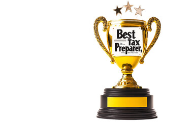 Golden Trophy with Best Tax Preparer Label Representing Excellence in Accounting and Financial Achievement isolated on transparent background PNG