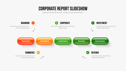 Product Review Slide Template Vector Illustration. Consulting Performance 5 Option Infographic Slideshow Design. Project Analysis Five Element Diagram Presentation Layout.