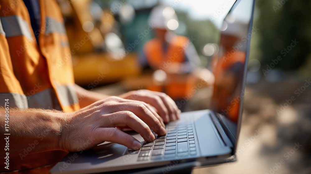 Wall mural Laptop on field cart with operator’s hands typing installers blurred behind faces out array defocused renewable energy monitoring project management solar install clean tech