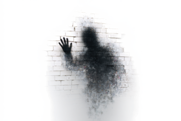 Abstract silhouette of a man dissolving into particles against a white brick wall conceptual image for themes of loss memory or digital transformation