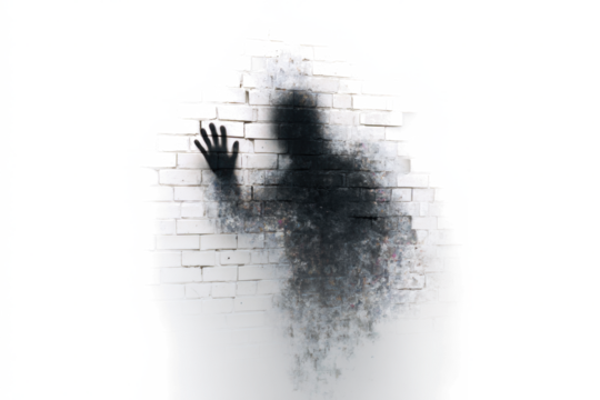 Abstract silhouette of a man dissolving into particles against a white brick wall conceptual image for themes of loss memory or digital transformation